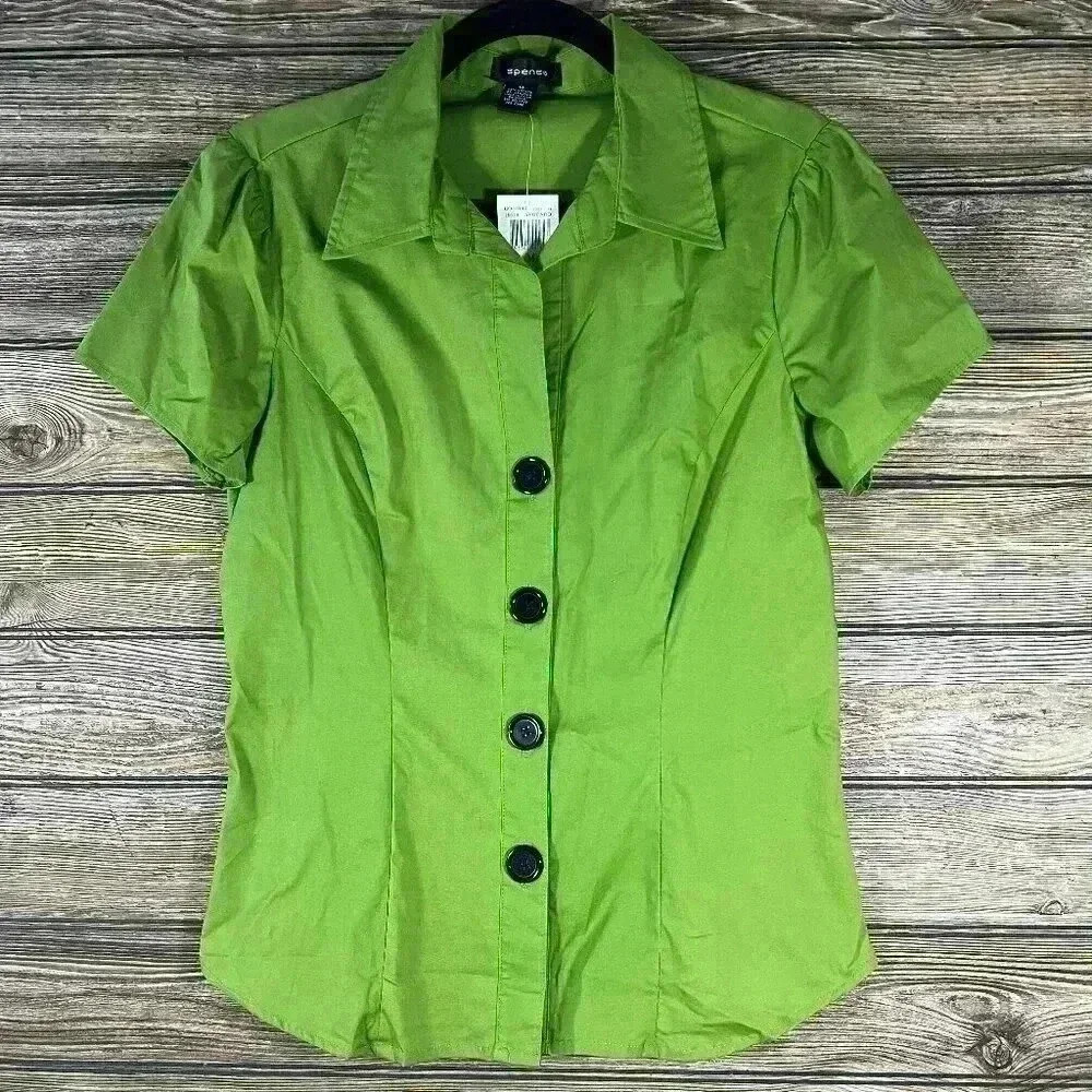 Spense Avocado Green Short Sleeve Cotton Spandex Button Top Size Medium NWT